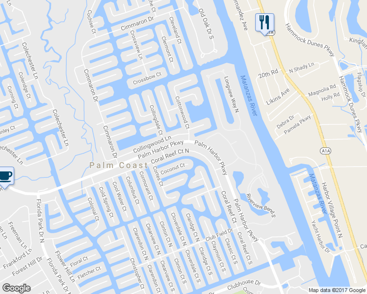 map of restaurants, bars, coffee shops, grocery stores, and more near 114 Coral Reef Court North in Palm Coast