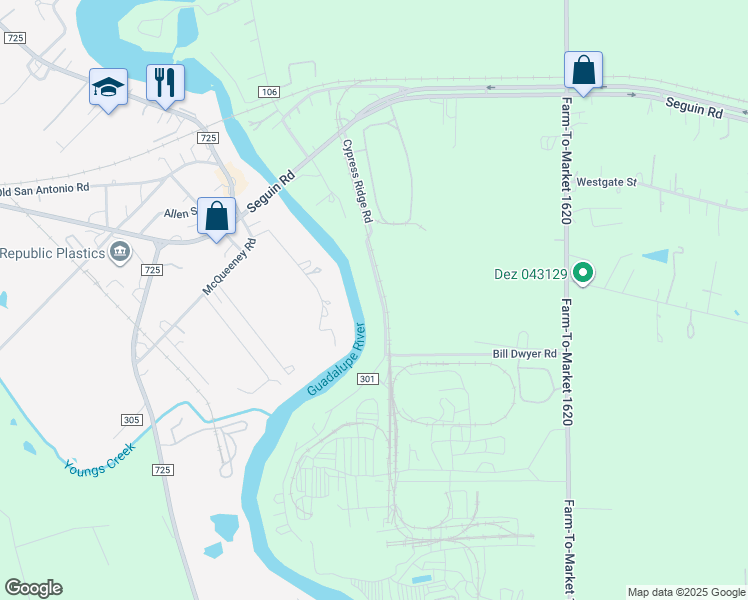 map of restaurants, bars, coffee shops, grocery stores, and more near 554 Cypress Ridge Road in McQueeney