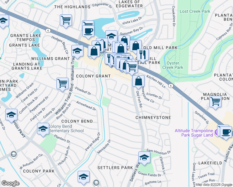 map of restaurants, bars, coffee shops, grocery stores, and more near 3026 Frontier Drive in Sugar Land