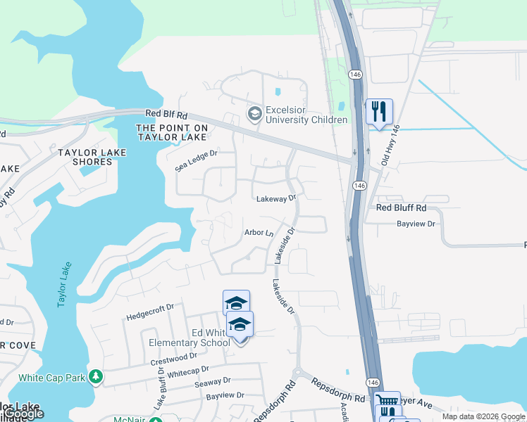 map of restaurants, bars, coffee shops, grocery stores, and more near 2649 Lakeway Drive in Seabrook