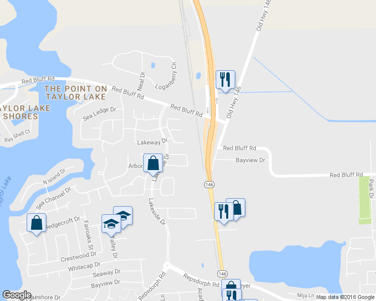 map of restaurants, bars, coffee shops, grocery stores, and more near 2330 Palm Circle in Seabrook