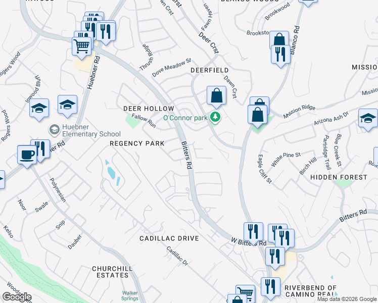 map of restaurants, bars, coffee shops, grocery stores, and more near 1826 Wild Deer Run in San Antonio