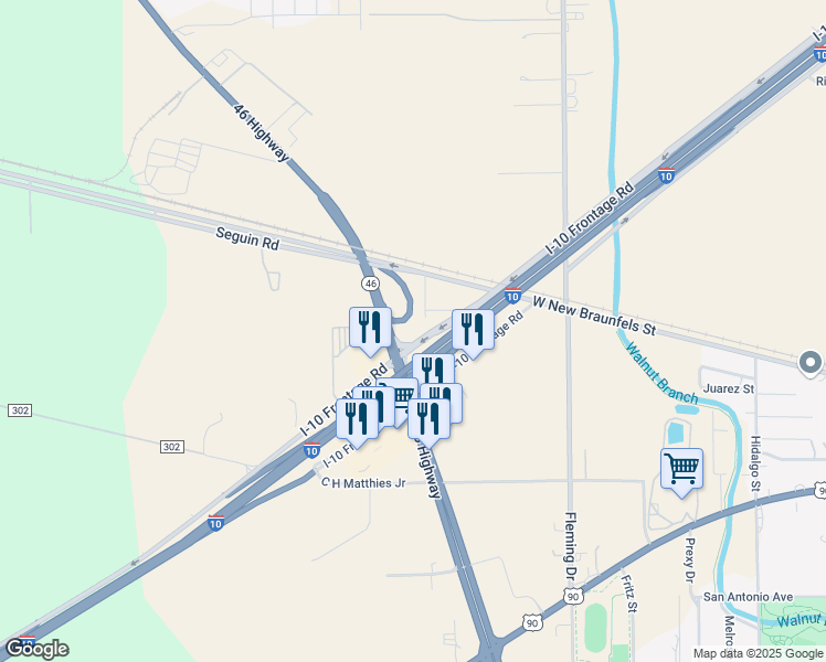 map of restaurants, bars, coffee shops, grocery stores, and more near Interstate 10 Frontage Road in Seguin