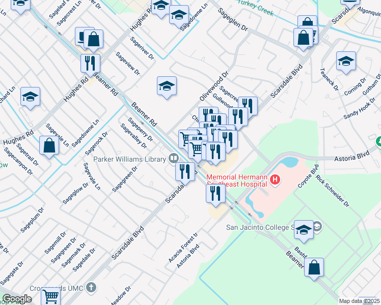 map of restaurants, bars, coffee shops, grocery stores, and more near 12501 Beamer Road in Houston