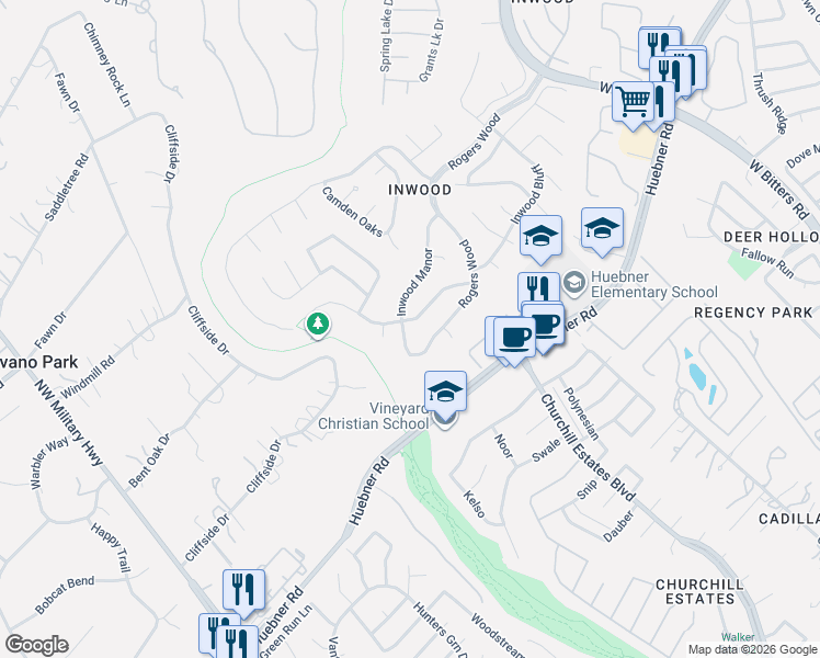 map of restaurants, bars, coffee shops, grocery stores, and more near 2 Ancient Bend in San Antonio