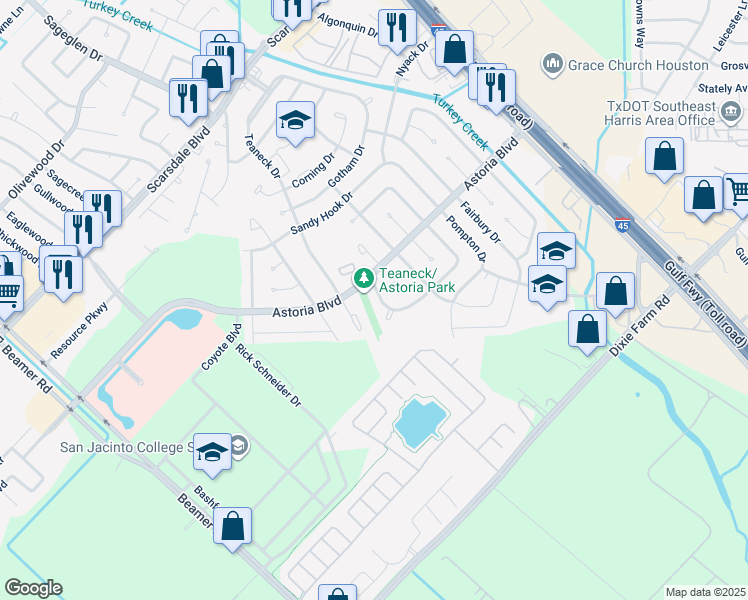 map of restaurants, bars, coffee shops, grocery stores, and more near 12114 New Rochelle Drive in Houston