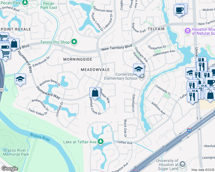 map of restaurants, bars, coffee shops, grocery stores, and more near 6626 Alicant Drive in Sugar Land