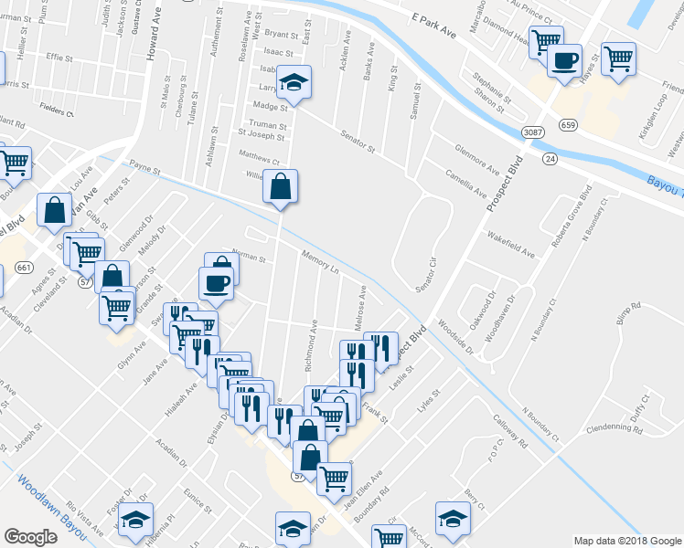 map of restaurants, bars, coffee shops, grocery stores, and more near Memory Lane in Houma