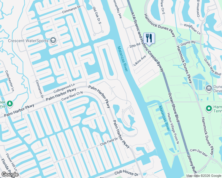 map of restaurants, bars, coffee shops, grocery stores, and more near 23 Riverview Bend North in Palm Coast