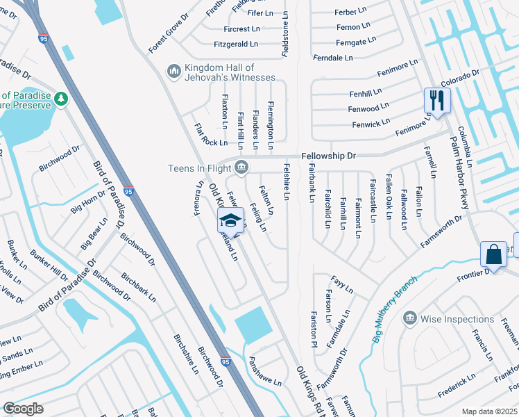 map of restaurants, bars, coffee shops, grocery stores, and more near 17 Feling Lane in Palm Coast