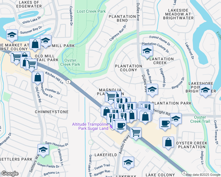 map of restaurants, bars, coffee shops, grocery stores, and more near 4327 Tarlton Way in Sugar Land