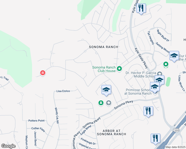 map of restaurants, bars, coffee shops, grocery stores, and more near 307 Tulorosa Ridge in Helotes
