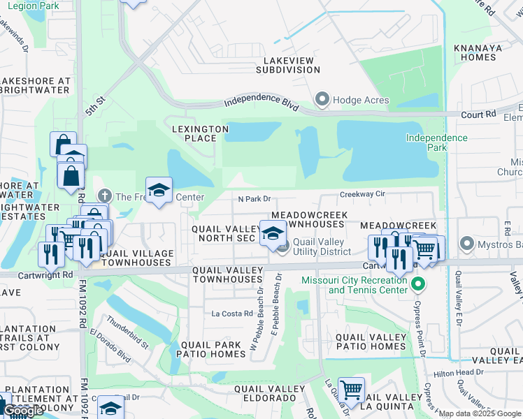 map of restaurants, bars, coffee shops, grocery stores, and more near 3206 Meadowcreek Dr in Missouri City