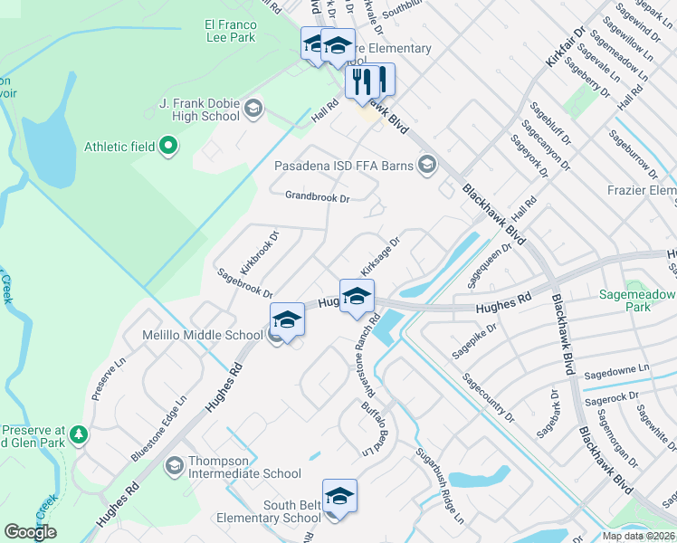 map of restaurants, bars, coffee shops, grocery stores, and more near 8411 Kirksage Dr in Houston