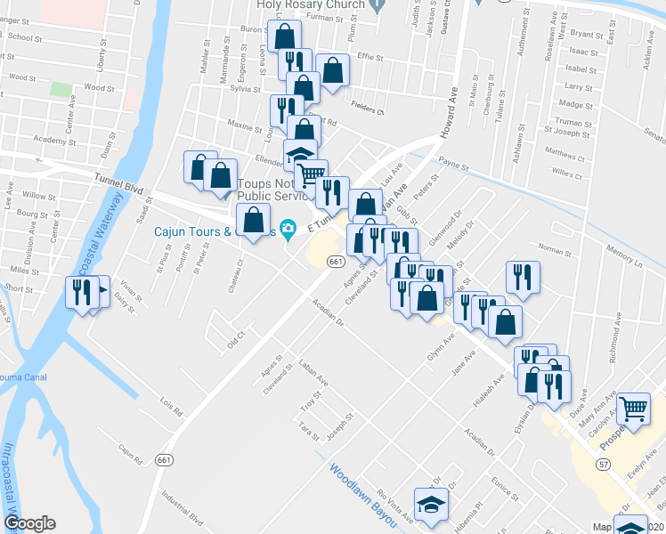 map of restaurants, bars, coffee shops, grocery stores, and more near 133 South Van Avenue in Houma