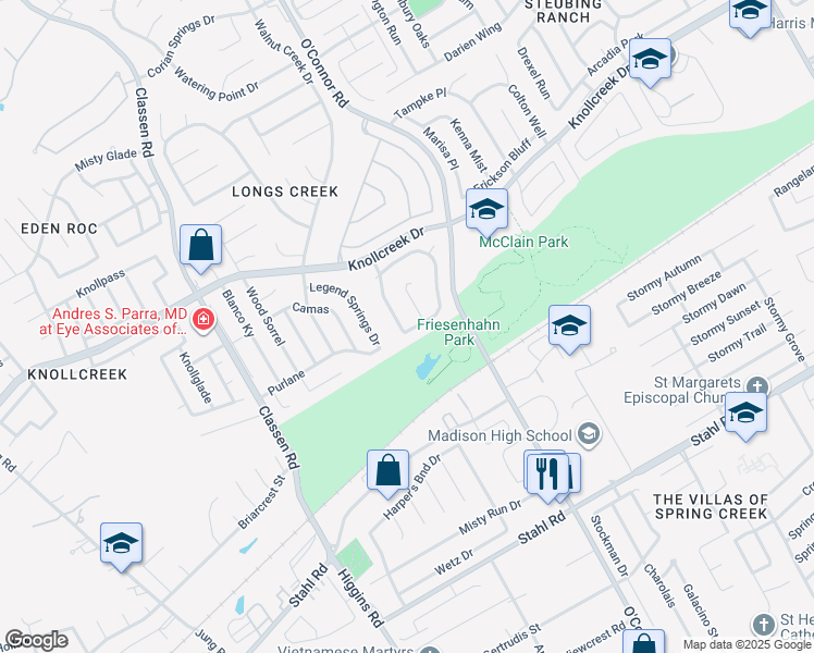 map of restaurants, bars, coffee shops, grocery stores, and more near 15406 Corian Creek Drive in San Antonio