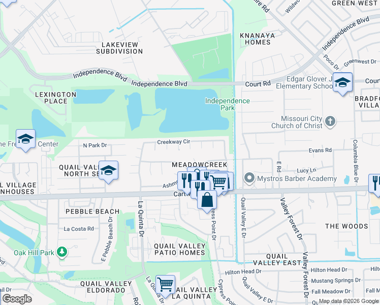 map of restaurants, bars, coffee shops, grocery stores, and more near 2223 Kingston Court in Missouri City