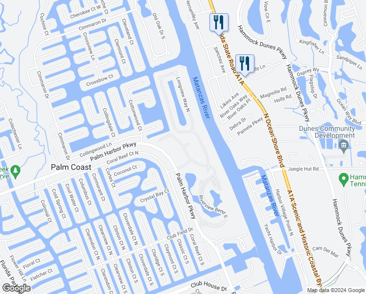 map of restaurants, bars, coffee shops, grocery stores, and more near 2 Riverview Bend North in Palm Coast