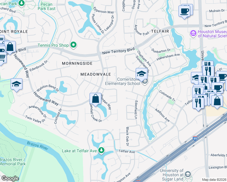 map of restaurants, bars, coffee shops, grocery stores, and more near 6626 Alicant Drive in Sugar Land