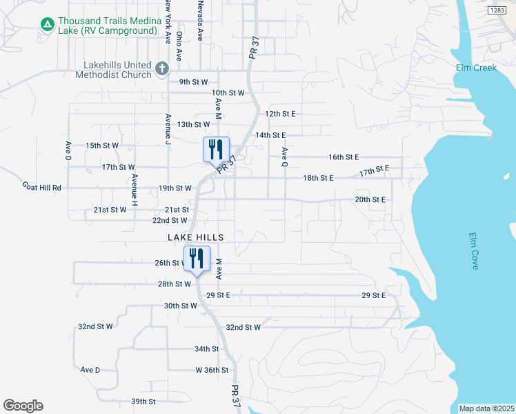 map of restaurants, bars, coffee shops, grocery stores, and more near 452 Elmhurst Drive in Lakehills