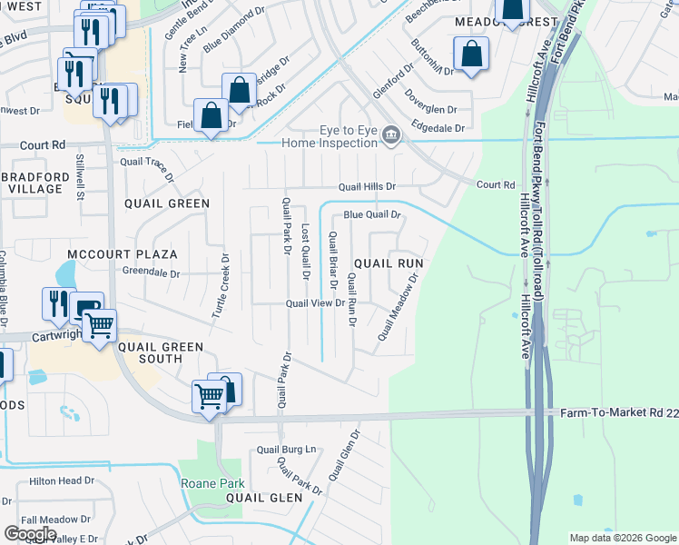 map of restaurants, bars, coffee shops, grocery stores, and more near 16603 Quail Briar Drive in Missouri City