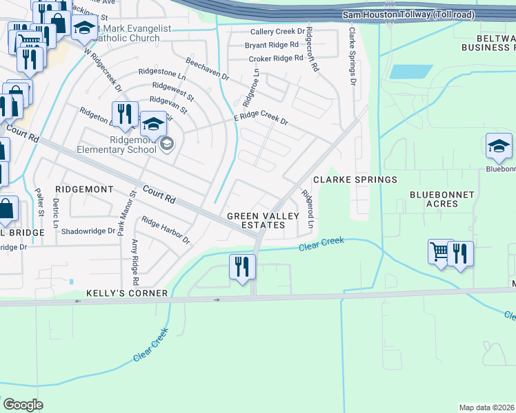 map of restaurants, bars, coffee shops, grocery stores, and more near 4615 Kings Ridge Road in Houston