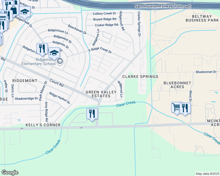 map of restaurants, bars, coffee shops, grocery stores, and more near 16103 Purpleridge Court in Houston