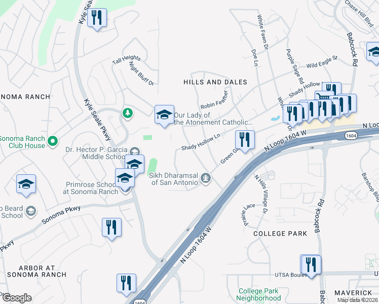 map of restaurants, bars, coffee shops, grocery stores, and more near 8002 Shady Hollow Lane in San Antonio