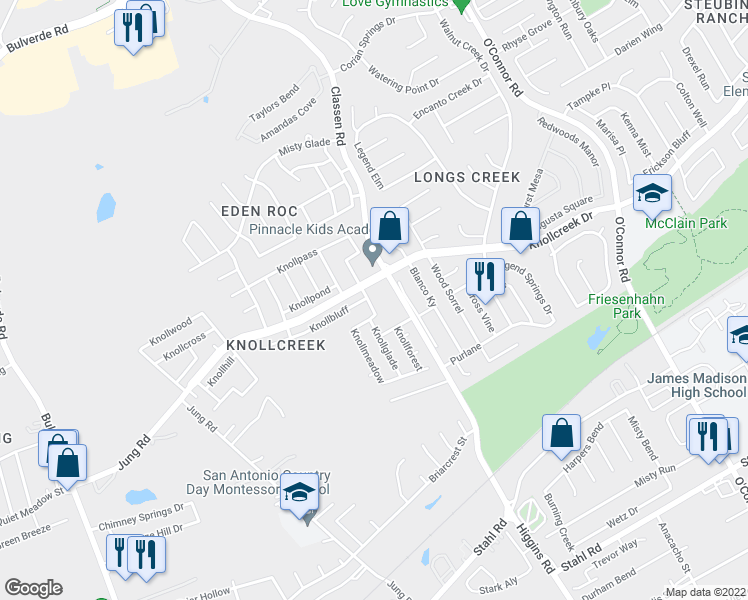 map of restaurants, bars, coffee shops, grocery stores, and more near 15618 Knollcliff in San Antonio