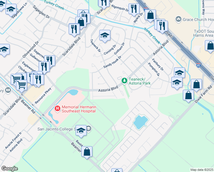 map of restaurants, bars, coffee shops, grocery stores, and more near 12018 Rhinebeck Drive in Houston