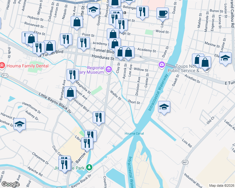 map of restaurants, bars, coffee shops, grocery stores, and more near 1425 Bonvillain Street in Houma