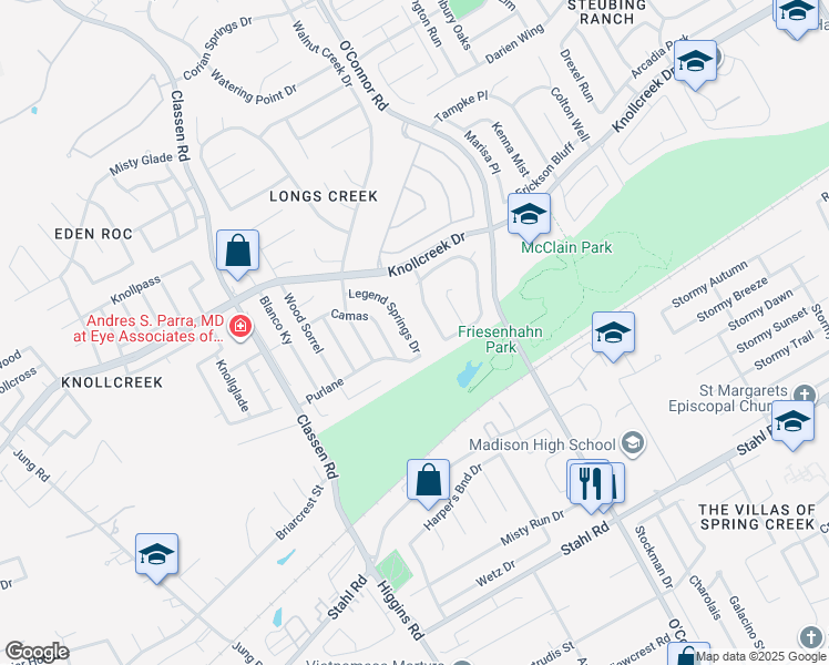 map of restaurants, bars, coffee shops, grocery stores, and more near 15430 Legend Springs Drive in San Antonio