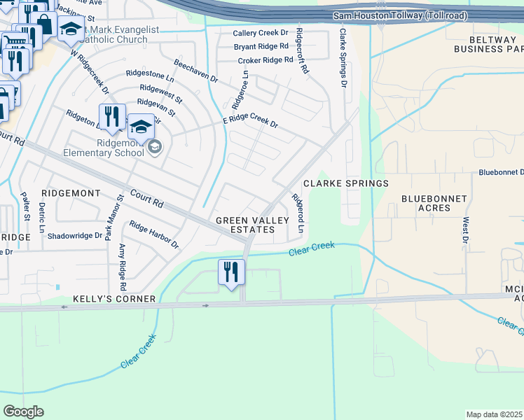 map of restaurants, bars, coffee shops, grocery stores, and more near 16103 Purpleridge Court in Houston