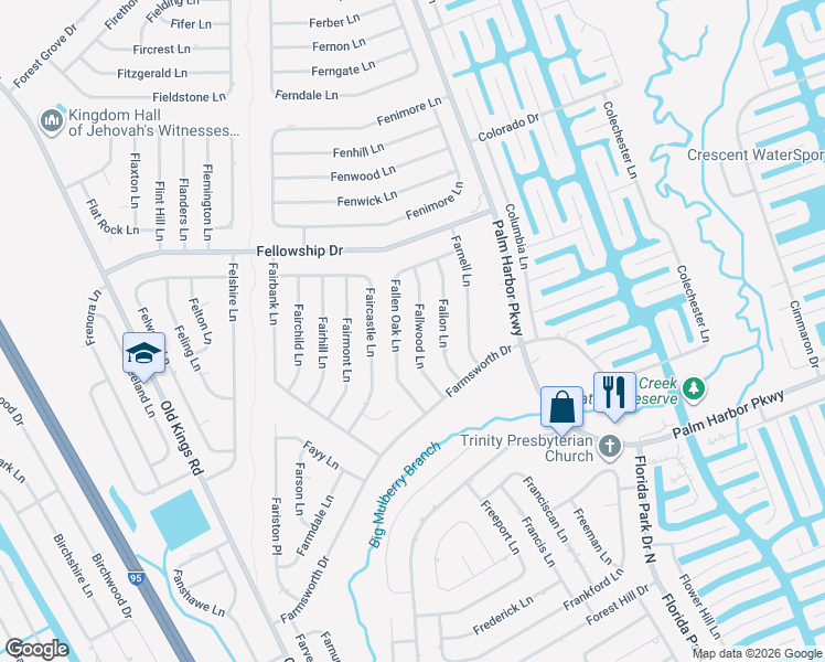 map of restaurants, bars, coffee shops, grocery stores, and more near 18 Fallwood Lane in Palm Coast