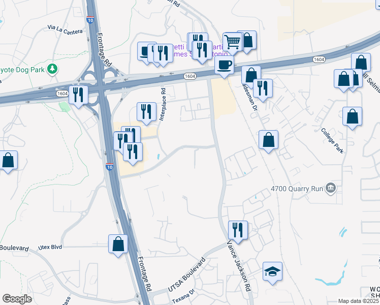 map of restaurants, bars, coffee shops, grocery stores, and more near Presidio Parkway in San Antonio