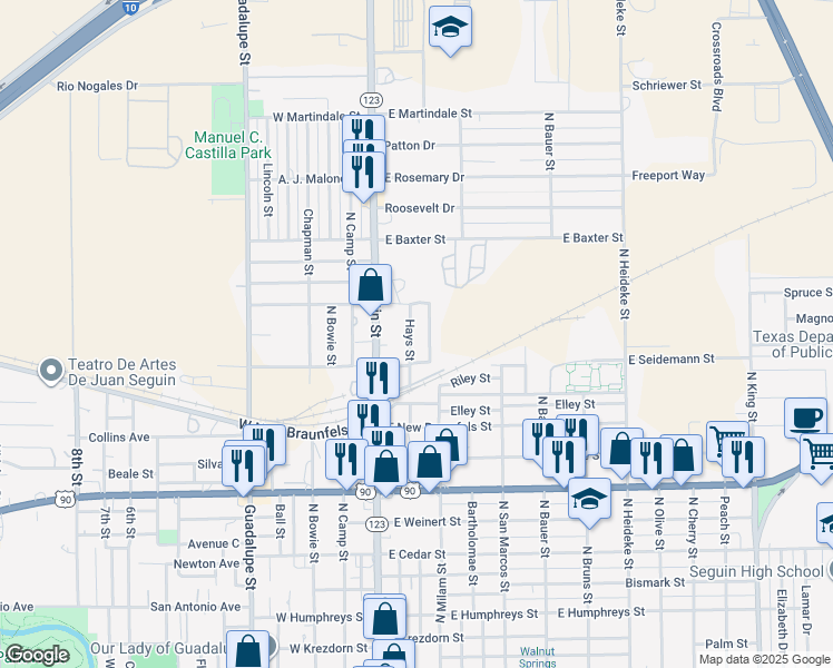 map of restaurants, bars, coffee shops, grocery stores, and more near 1629 Hays Street in Seguin