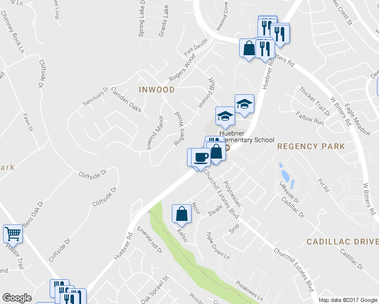 map of restaurants, bars, coffee shops, grocery stores, and more near 121 Osiana Drive in San Antonio