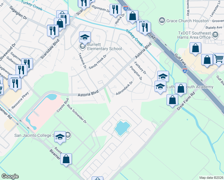 map of restaurants, bars, coffee shops, grocery stores, and more near 12114 New Rochelle Drive in Houston
