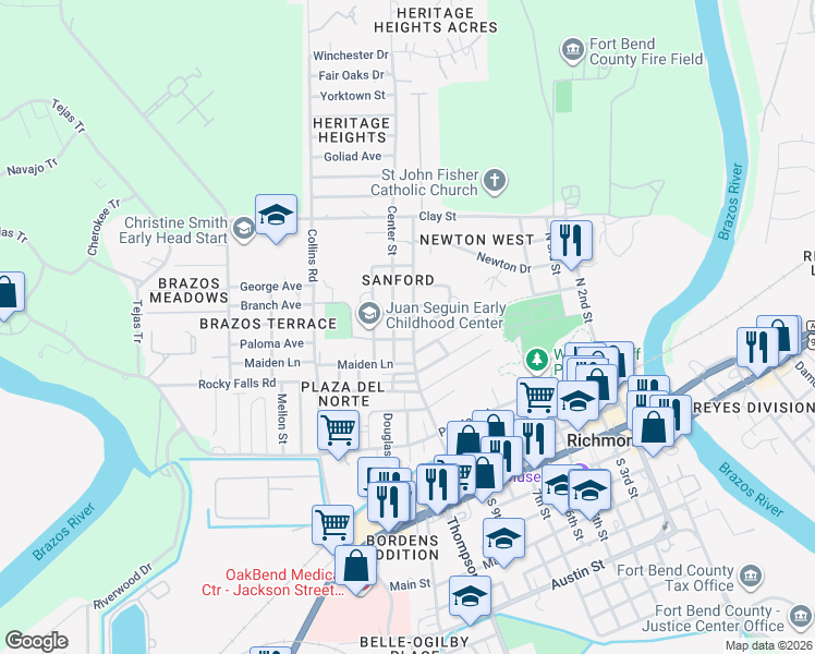 map of restaurants, bars, coffee shops, grocery stores, and more near 604 Center Street in Richmond