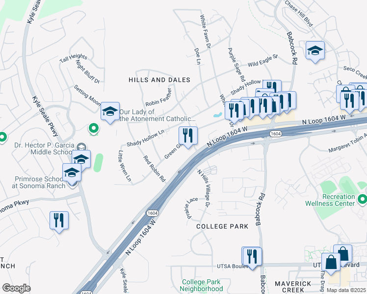 map of restaurants, bars, coffee shops, grocery stores, and more near 7726 Green Glen Drive in San Antonio