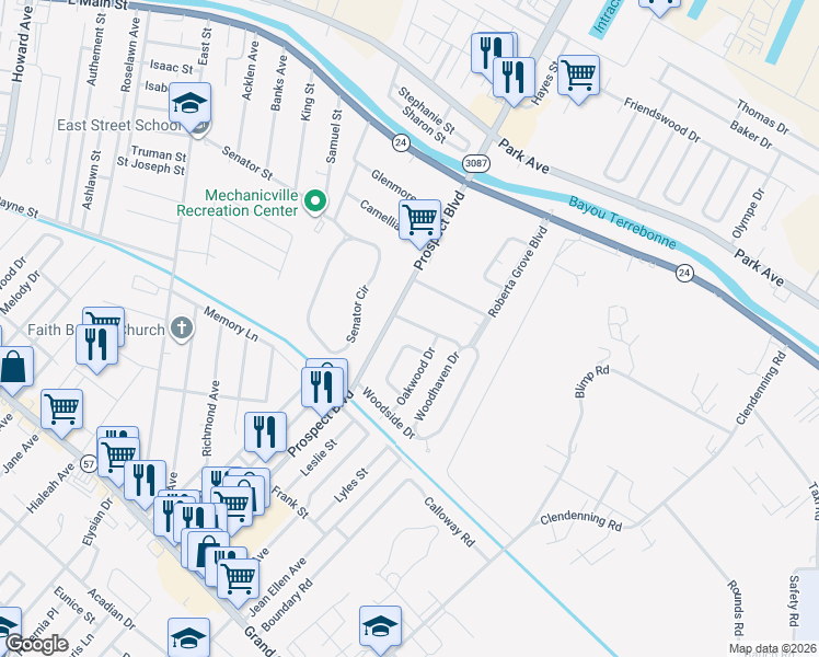 map of restaurants, bars, coffee shops, grocery stores, and more near 3305 Woodcrest Avenue in Houma