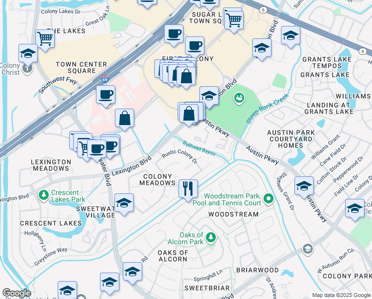 map of restaurants, bars, coffee shops, grocery stores, and more near 16714 Rustic Colony Drive in Sugar Land