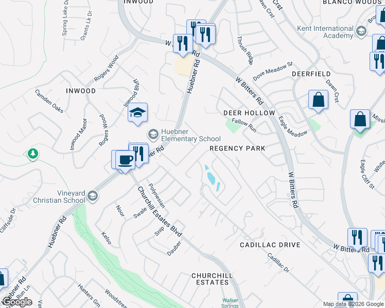 map of restaurants, bars, coffee shops, grocery stores, and more near 15031 Stonetower Drive in San Antonio