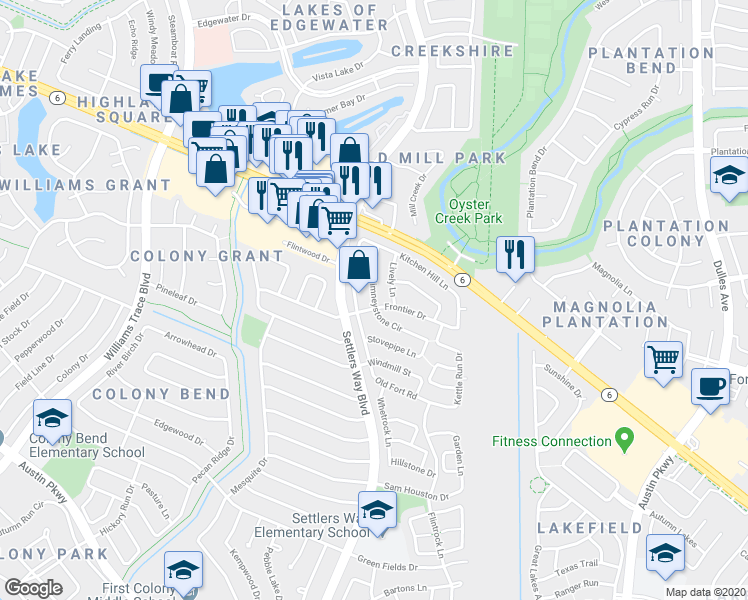map of restaurants, bars, coffee shops, grocery stores, and more near 2627 Chimneystone Circle in Sugar Land