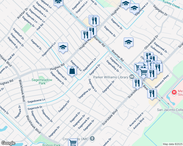 map of restaurants, bars, coffee shops, grocery stores, and more near 10511 Sagerock Dr in Houston