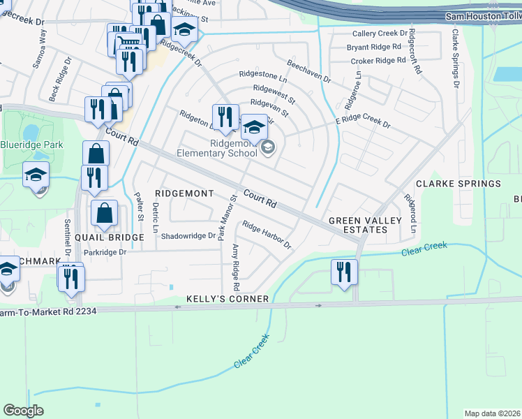 map of restaurants, bars, coffee shops, grocery stores, and more near 4850 Prairie Ridge Road in Houston