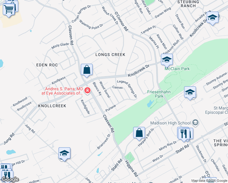 map of restaurants, bars, coffee shops, grocery stores, and more near 15510 Cross Vine in San Antonio