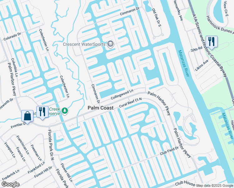 map of restaurants, bars, coffee shops, grocery stores, and more near 29 Collingwood Lane in Palm Coast