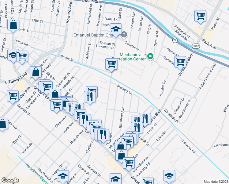 map of restaurants, bars, coffee shops, grocery stores, and more near 1011-1099 East St in Houma