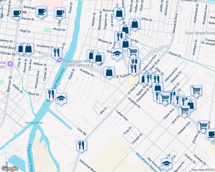 map of restaurants, bars, coffee shops, grocery stores, and more near 1406 Acadian Drive in Houma